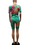 Green Fashion Casual Lips Printed Ripped Tie-dye O Neck Plus Size Two Pieces