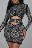 Black Sexy Patchwork Hot Drilling Hollowed Out See-through Turtleneck Long Sleeve Dresses