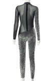 Black Fashion Sexy Print Patchwork See-through Half A Turtleneck Skinny Jumpsuits