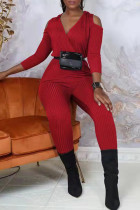 Red Fashion Casual Solid Hollowed Out V Neck Regular Jumpsuits