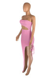 Pink Fashion Sexy Solid Hollowed Out Backless Strapless Irregular Dress