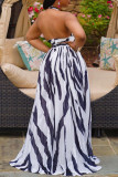Tibetan Blue Fashion Sexy Print Hollowed Out Backless Halter Sleeveless Dress Dresses