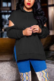 Blue Casual Solid Hollowed Out Patchwork Slit Hooded Collar Tops