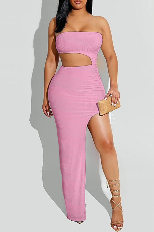 Pink Fashion Sexy Solid Hollowed Out Backless Strapless Irregular Dress