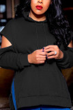 Black Casual Solid Hollowed Out Patchwork Slit Hooded Collar Tops