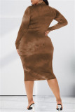 Brownness Sexy Casual Print Hollowed Out Turtleneck Long Sleeve Dresses
