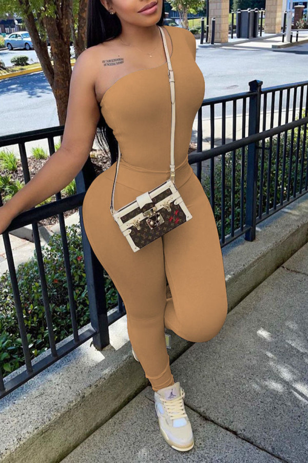 Khaki Sexy Solid Patchwork Oblique Collar Long Sleeve Two Pieces