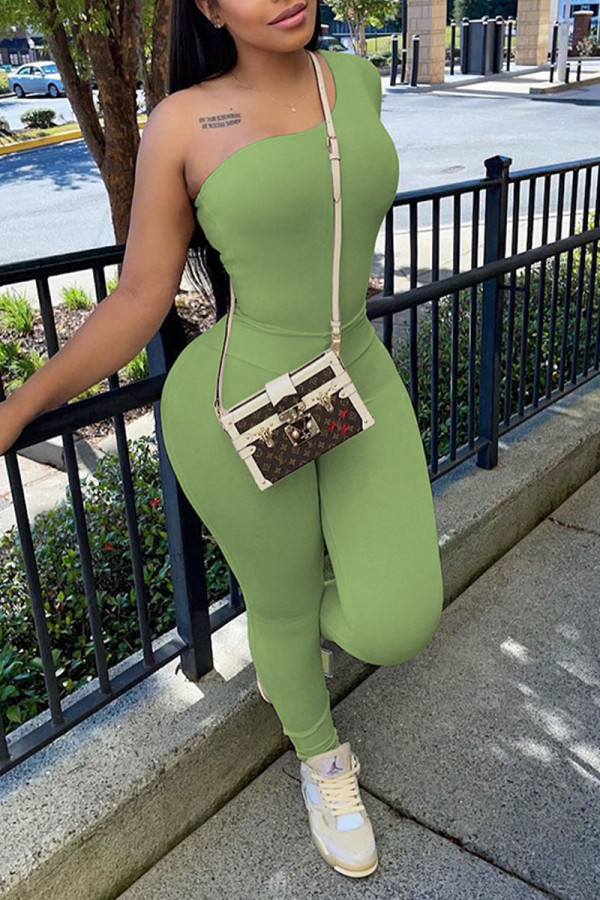Green Sexy Solid Patchwork Oblique Collar Long Sleeve Two Pieces