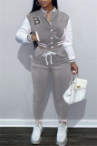 Grey Fashion Casual Patchwork Printing Long Sleeve Two Pieces