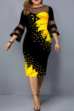 Fuchsia Elegant Print Patchwork O Neck One Step Skirt Plus Size Dresses