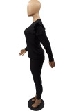 Black Street Solid O Neck Long Sleeve Two Pieces