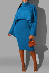 Blue Casual Solid Split Joint Turtleneck Long Sleeve Two Pieces