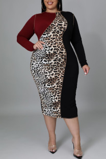 Burgundy Casual Print Leopard Split Joint O Neck One Step Skirt Plus Size Dresses