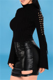 Black Fashion Casual Solid Bandage Split Joint Turtleneck Long Sleeve Dresses
