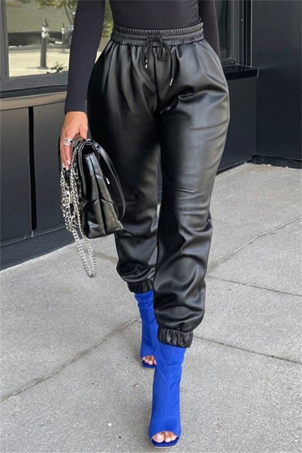 Black Fashion Casual Solid Basic Regular High Waist Trousers