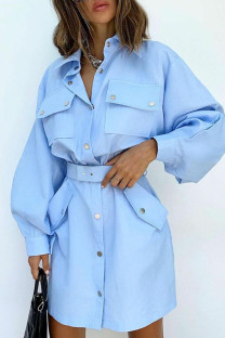Blue Casual Solid Split Joint Pocket Buckle Turndown Collar Shirt Dress Dresses