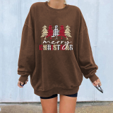 Coffee Casual Christmas Tree Printed Split Joint O Neck Tops