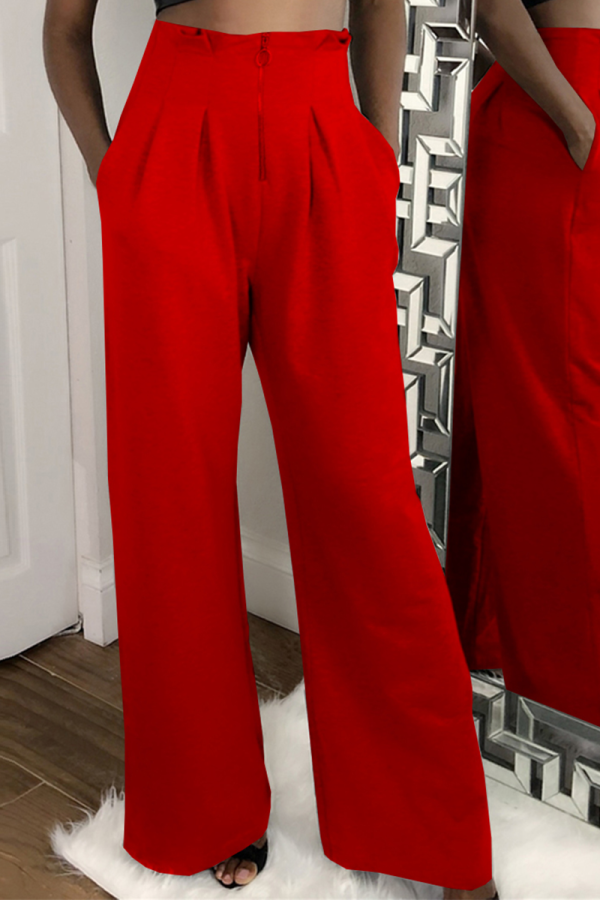 Red Casual Solid Patchwork Loose High Waist Wide Leg Solid Color Bottoms