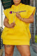 Yellow Fashion Street Print Letter Hooded Collar One Step Skirt Dresses