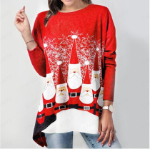 Red Casual Party Santa Claus Split Joint O Neck Tops
