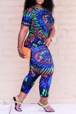 Red Fashion Casual Tie Dye Printing O Neck Short Sleeve Two Pieces