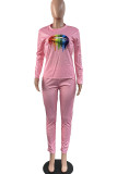 Red Casual Print Patchwork Beading O Neck Long Sleeve Two Pieces