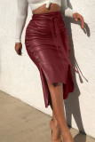 Burgundy Sexy Solid Bandage Split Joint Buttons Asymmetrical Straight High Waist Straight Solid Color Bottoms