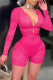 Rose Red Sexy Solid Lace Hollowed Out Fold V Neck Regular Rompers