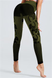 Army Green Casual Sportswear Patchwork Hollowed Out High Waist Skinny Trousers