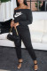 Black Fashion Casual Print Draw String Off the Shoulder Jumpsuits