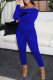 Blue Fashion Casual Print Draw String Off the Shoulder Jumpsuits