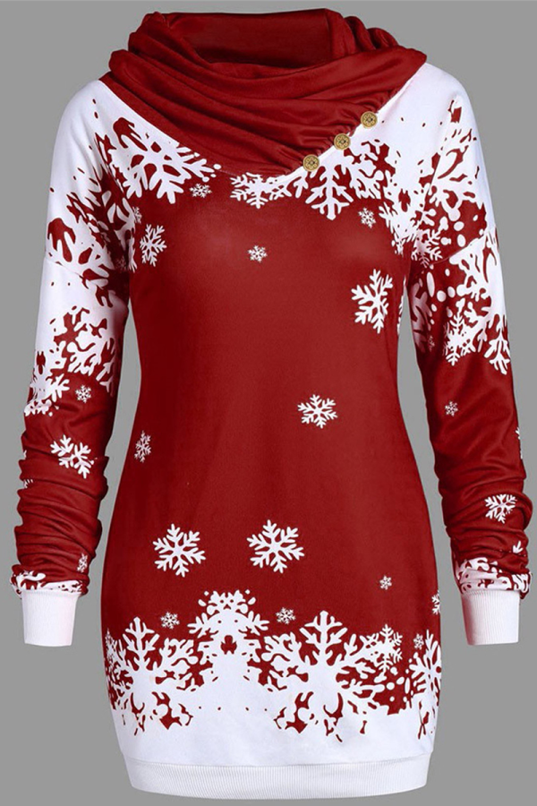 Burgundy Party Print Snowflakes Patchwork Half A Turtleneck Straight Dresses