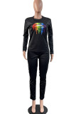 Red Casual Print Patchwork Beading O Neck Long Sleeve Two Pieces