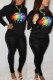 Black Casual Print Patchwork Beading O Neck Long Sleeve Two Pieces