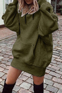 Army Green Fashion Casual Solid Split Joint Hooded Collar Long Sleeve Dresses
