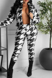 Black White Casual Print Patchwork Zipper Outerwear