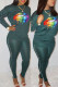 Green Casual Print Patchwork Beading O Neck Long Sleeve Two Pieces