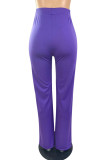 Purple Casual Solid Patchwork Buttons Straight High Waist Straight Solid Color Bottoms