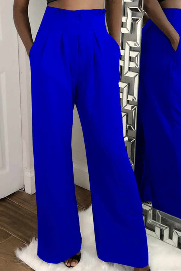 Blue Casual Solid Patchwork Loose High Waist Wide Leg Solid Color Bottoms