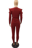 Red Street Solid O Neck Long Sleeve Two Pieces