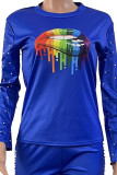 Red Casual Print Patchwork Beading O Neck Long Sleeve Two Pieces