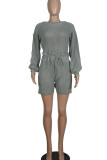 Grey Casual Solid Patchwork O Neck Straight Rompers