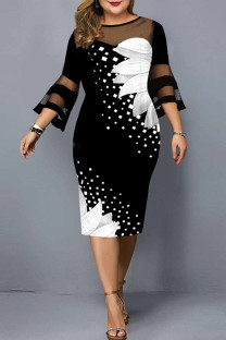 Black White Elegant Print Split Joint O Neck One Step Skirt Plus Size Dresses