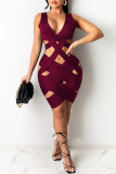 Purple Sexy Patchwork Solid Hollowed Out V Neck Asymmetrical Dresses