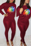 Red Casual Print Patchwork Beading O Neck Long Sleeve Two Pieces