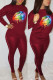 Burgundy Casual Print Patchwork Beading O Neck Long Sleeve Two Pieces