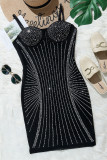 Black Fashion Sexy Hot Drilling Split Joint Backless Square Collar Sling Dress
