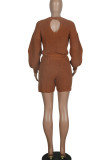 Brown Casual Solid Patchwork O Neck Straight Rompers