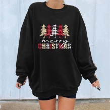 Black Casual Christmas Tree Printed Split Joint O Neck Tops