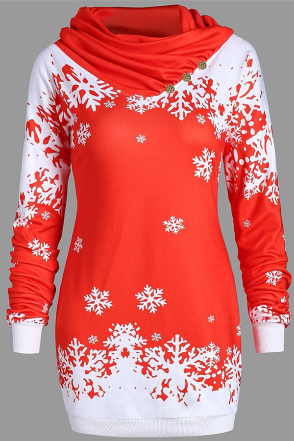 Red Party Print Snowflakes Patchwork Half A Turtleneck Straight Dresses